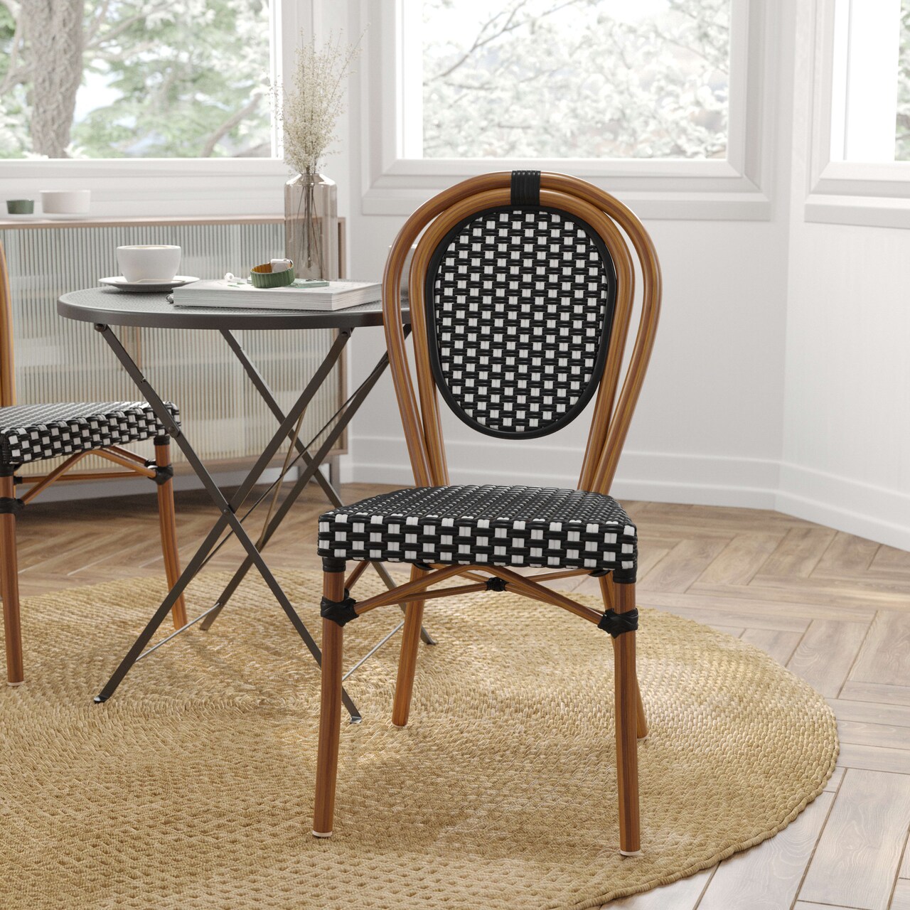 Merrick Lane Celia Stacking Thonet Bistro Style Chair, PE Rattan Seat, and Metal Frame for Indoor/Outdoor Use